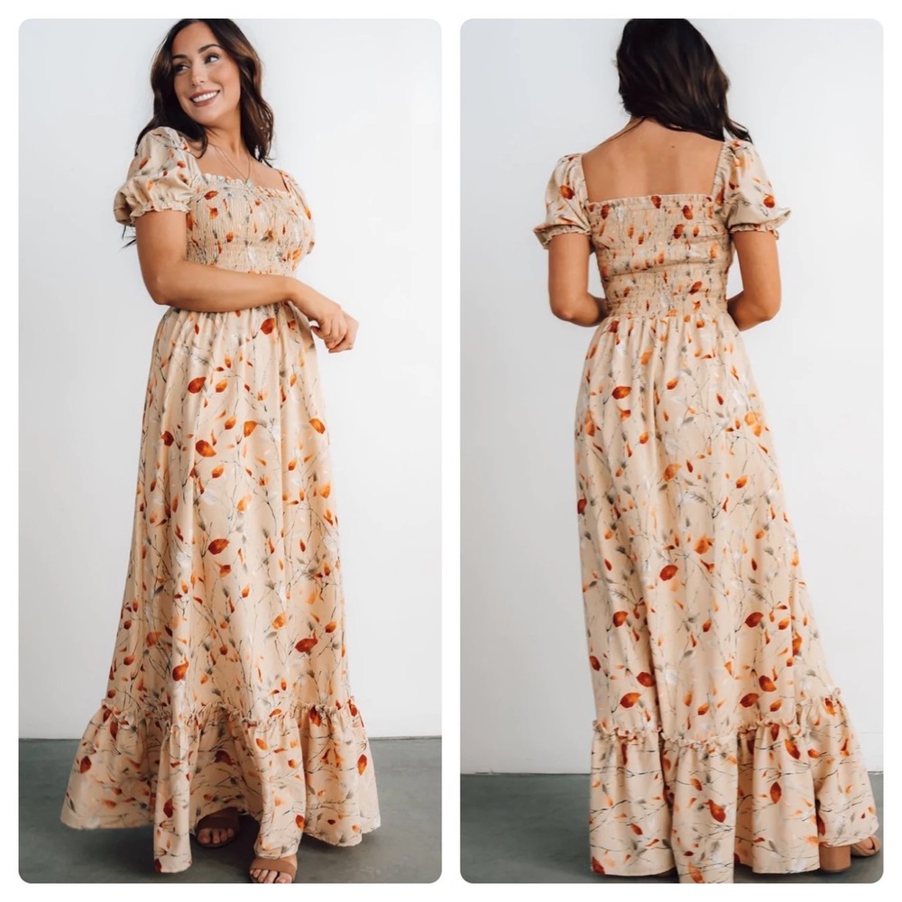 EUC Baltic Born Capri Smocked Maxi Dress in Golden Print Sz Medium